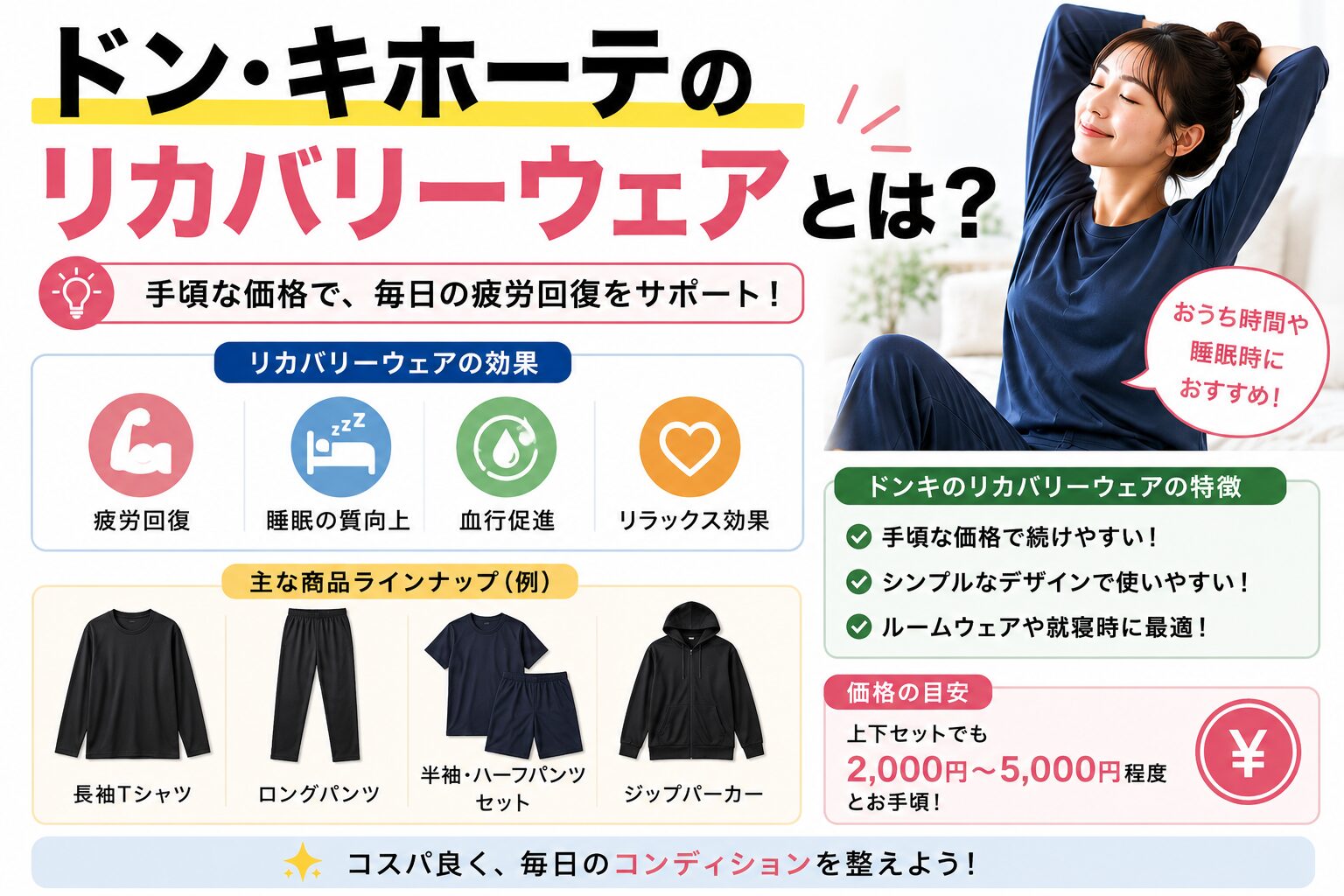 ドンキのリカバリーウェア「ド回復ウェア」レビュー｜1,099円で疲れは取れる？正直に評価